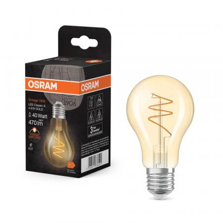 OSRAM LED E27 VINTAGE Glühbirne GOLD Spiral 4,9W wie 40W warmweißes Licht für eine gemütliche Wohnatmosphäre 90Ra